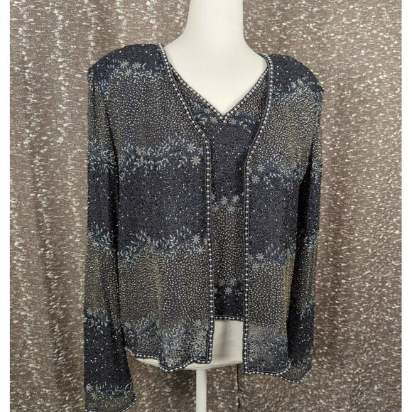 Vintage Adrianna Papell Evening Silk Black Beaded Jacket & Tank Top Women's XL